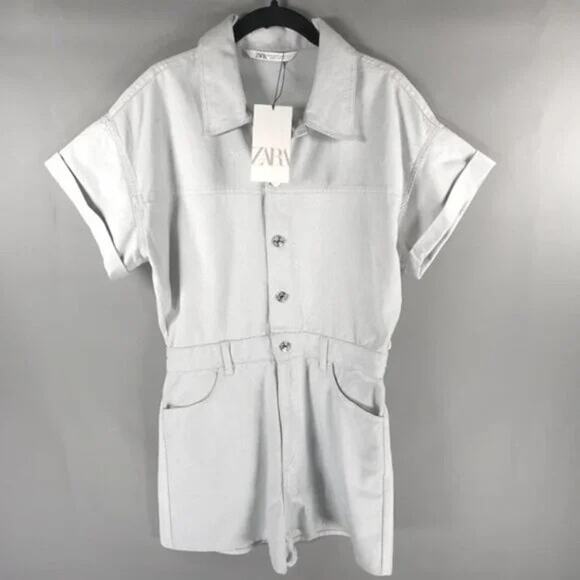 Zara Shimmery Metallic Blue Gray Short Denim Romper - NWT - Picture 4 of 5